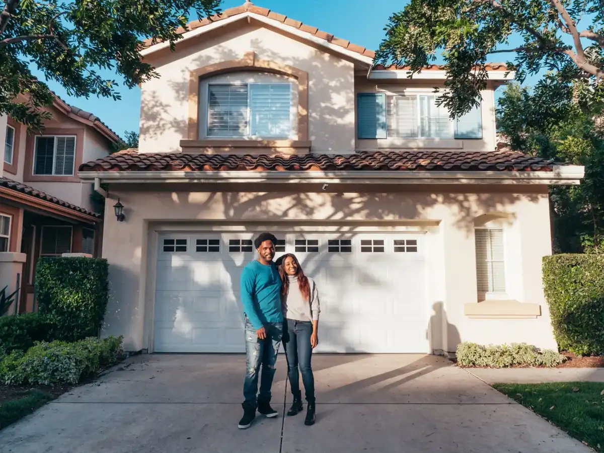 Couple standing in front of their home