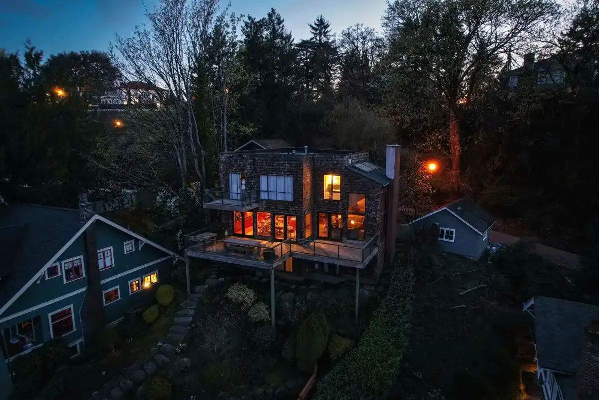 Seattle-area neighborhood with evergreen trees